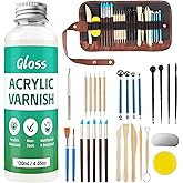 120ML Air Dry Clay Glaze with 29PCS Clay Tools Kit, Gloss Polymer Clay Kit and Clay Varnish, Pottery Tool kit for Sculpting, Modeling, Shaping, High Gloss, Scratch Resistant