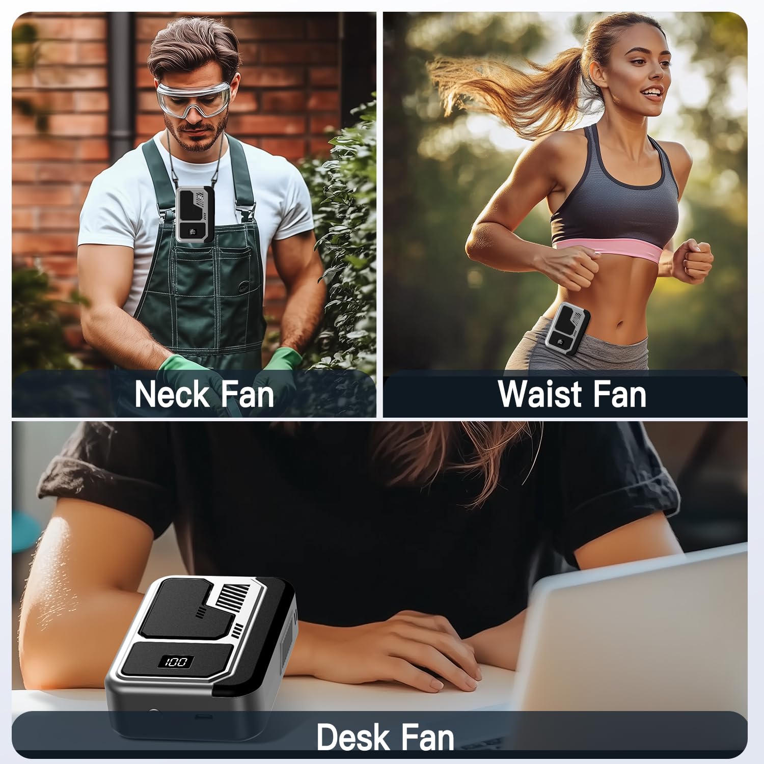 Andwing Portable Neck Fan Rechargeable 3 Speeds Personal Fan, 4-in-1 Portable Waist Fan, Hands-Free Waist Clip for Work Outdoor Travel (Grey)