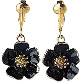 Aloha Earrings Non Pierced Gold Tone Clip On Enamel Flower Dangling Earrings