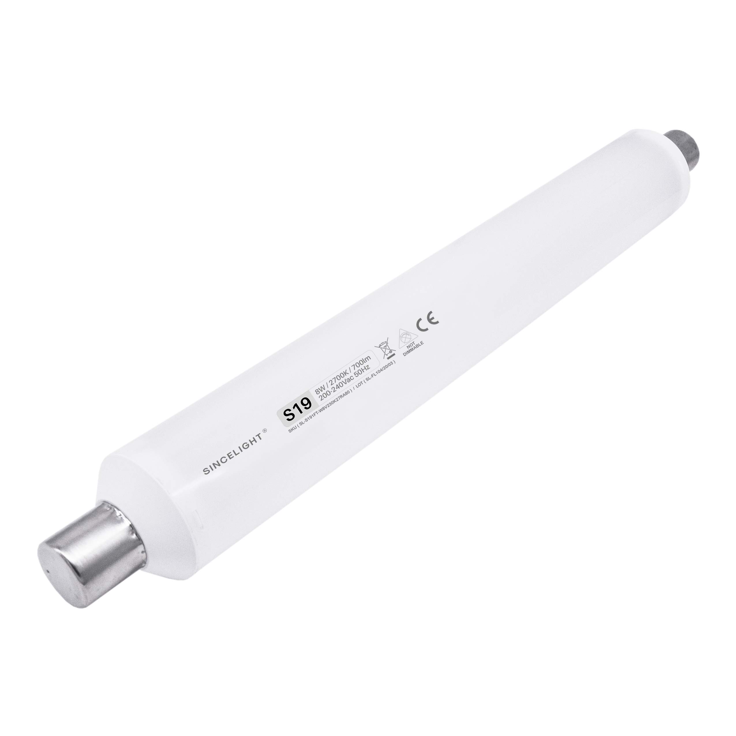 SINCELIGHT LED Linear Tube with S19 Cap, Milky Diffuser, 8W, 2700K Warm White, 700lm, 70W Equivalent, Diameter=37mm, Length=308mm