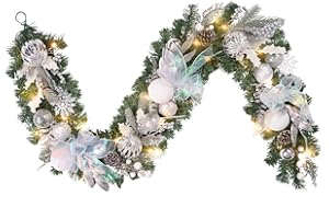 VOFULY Pre-lit 6 feet Winter White Silver Christmas Garland 20 LED Lights with Timer Battery Operated,Lighted Christmas Garland for Mantle Fireplace Stairs,Christmas Decoration for Front Door, in/Out Decor