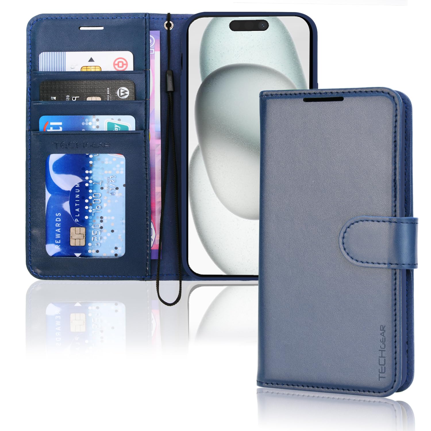 TECHGEAR iPhone 15 Leather Wallet Case, Flip Protective Case Cover with Wallet Card Holder, Stand and Wrist Strap - Blue PU Leather with Magnetic Closure for iPhone 15 6.1"