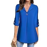 MOQIVGI Womens Roll Up 3/4 Sleeve Chiffon Blouses Trendy Dressy Work Casual V Neck Tops