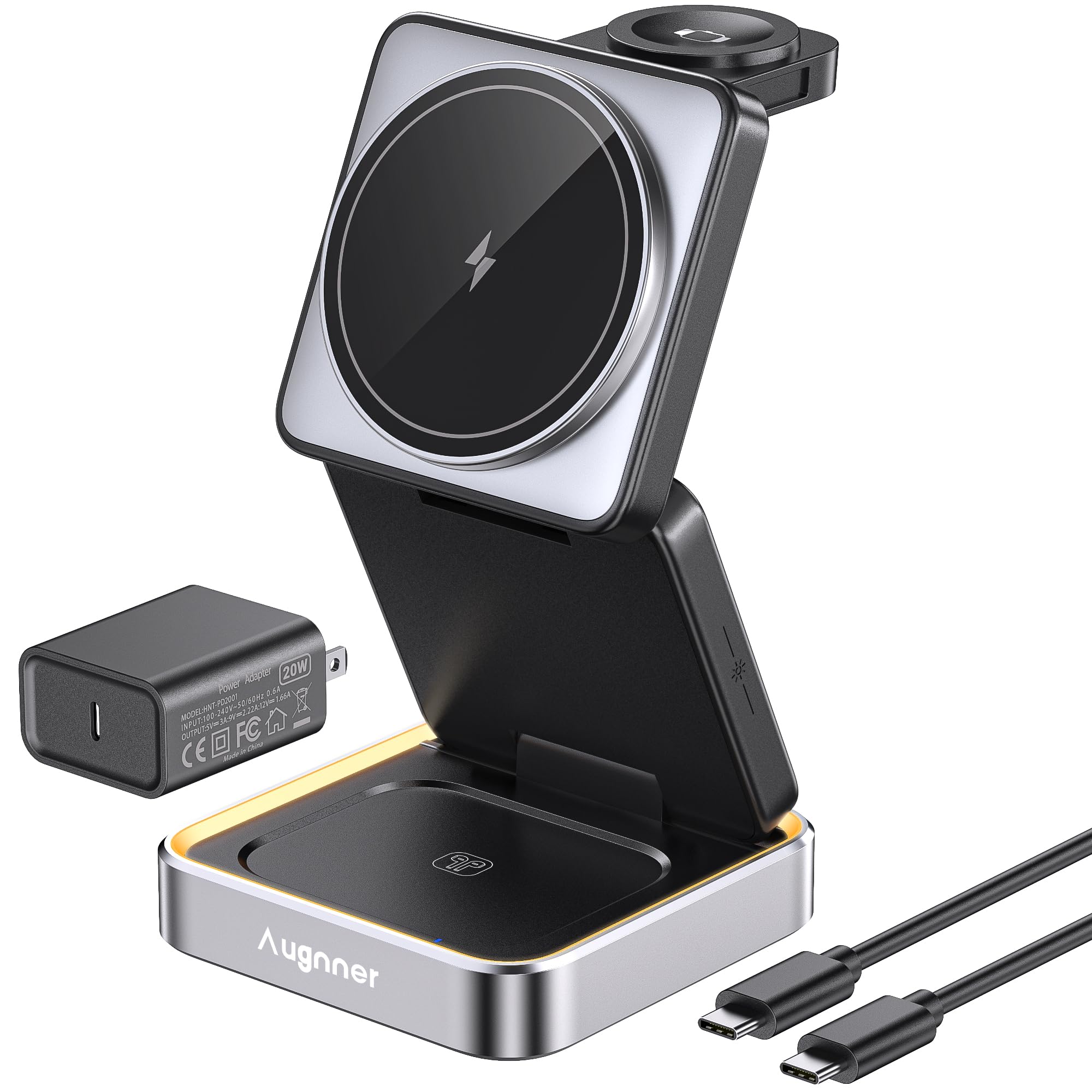 Photo 1 of ?2025 Upgraded?Wireless Charger 3 in 1, Foldable Wireless Charging Station with Night Light for Apple MagSafe Charger, Travel Magnetic Charger Stand, Nightstand Fast 15W Charging Station (20W Adapter)