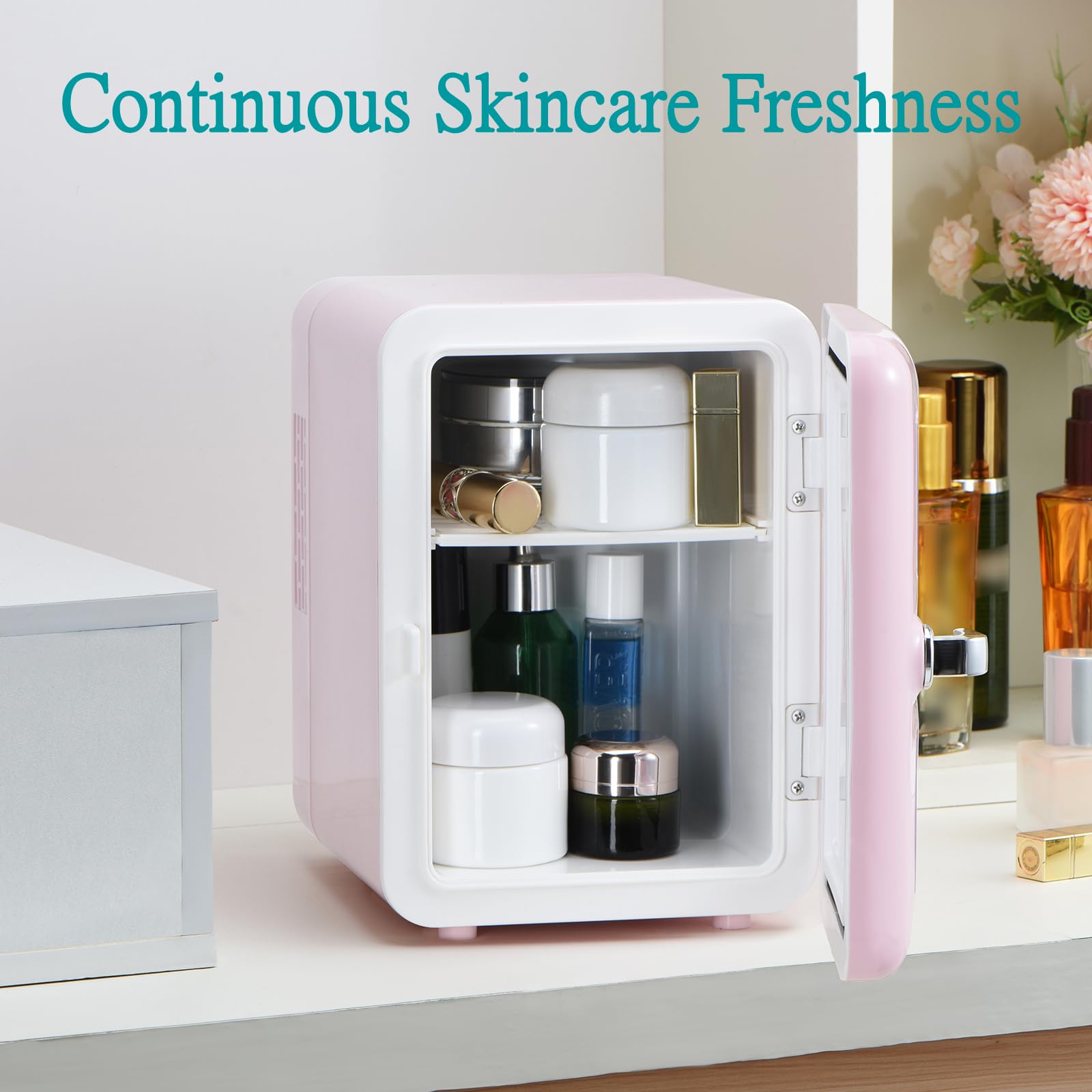 Iceblue Skincare Fridge with Viewing Window, 4L Compact Small Fridge for Bedroom, Car, Office & Dorm, Pink Mini Fridge for Beauty Essentials & Beverages(Pink) - Image 2