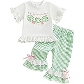 Sprifallbaby Easter Baby Girl Outfit Bunny Short Sleeve Tops Plaid Bell Bottoms Flared Pants Set Toddler Summer Clothes
