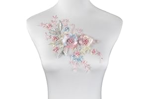 Silvora 2 PCS Flower Fabric Beaded Pearl Lace Applique, 3D Embroidered Patch for Dresses,Handmade Sewing Tool for DIY Neckline Bodice Pants(Pink)