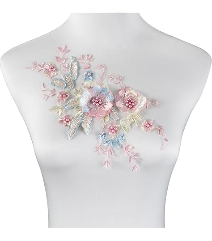 Embroidered Nail Bead Flower Patches | Tulle Applique For Wedding Dresses & DIY Clothing (Light Purple Pink, 13.4x5.9 Inch)