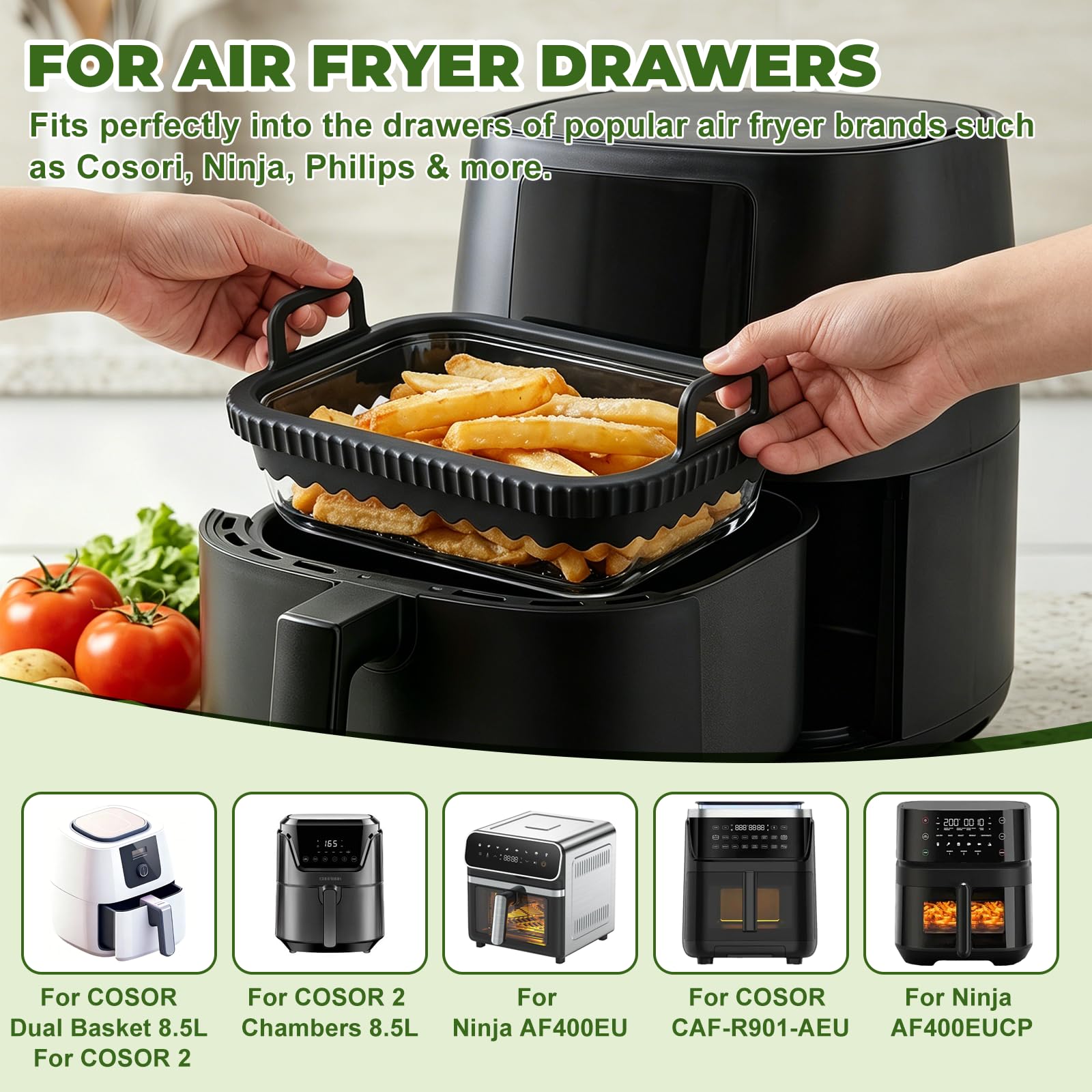 Glas Auflaufform für Airfryer, 2 Stück Auflaufform Airfryer mit Deckel & Silikongriffen, Universelles Heißluftfritteusen Zubehör für Cosori, Ninja, Philips, Herausnehmbarer, BPA-frei 4
