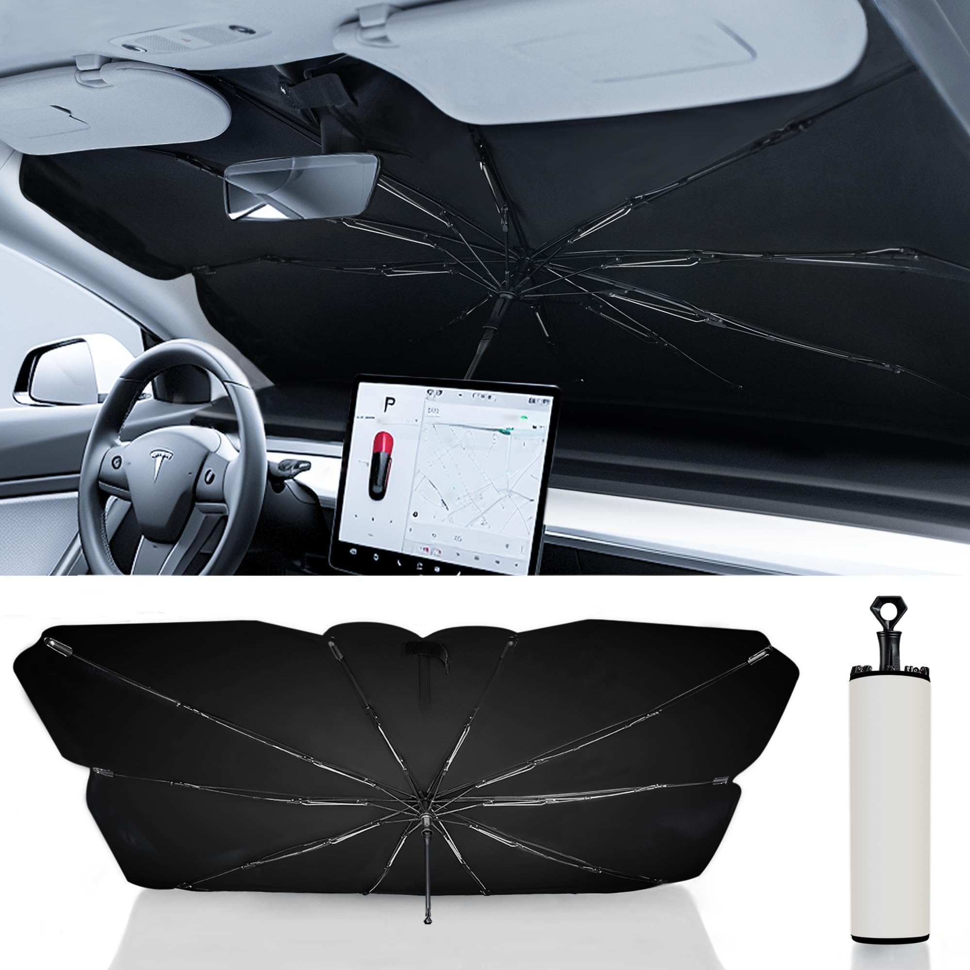 Photo 1 of OtriFowd Foldshade Tesla Model Y & Tesla Model 3 Windshield Sun Shade Umbrella, Retractable Sunshades for Front Window Block UV Rays Heat Keep Cool Protect Interior Easy Installation and Storage