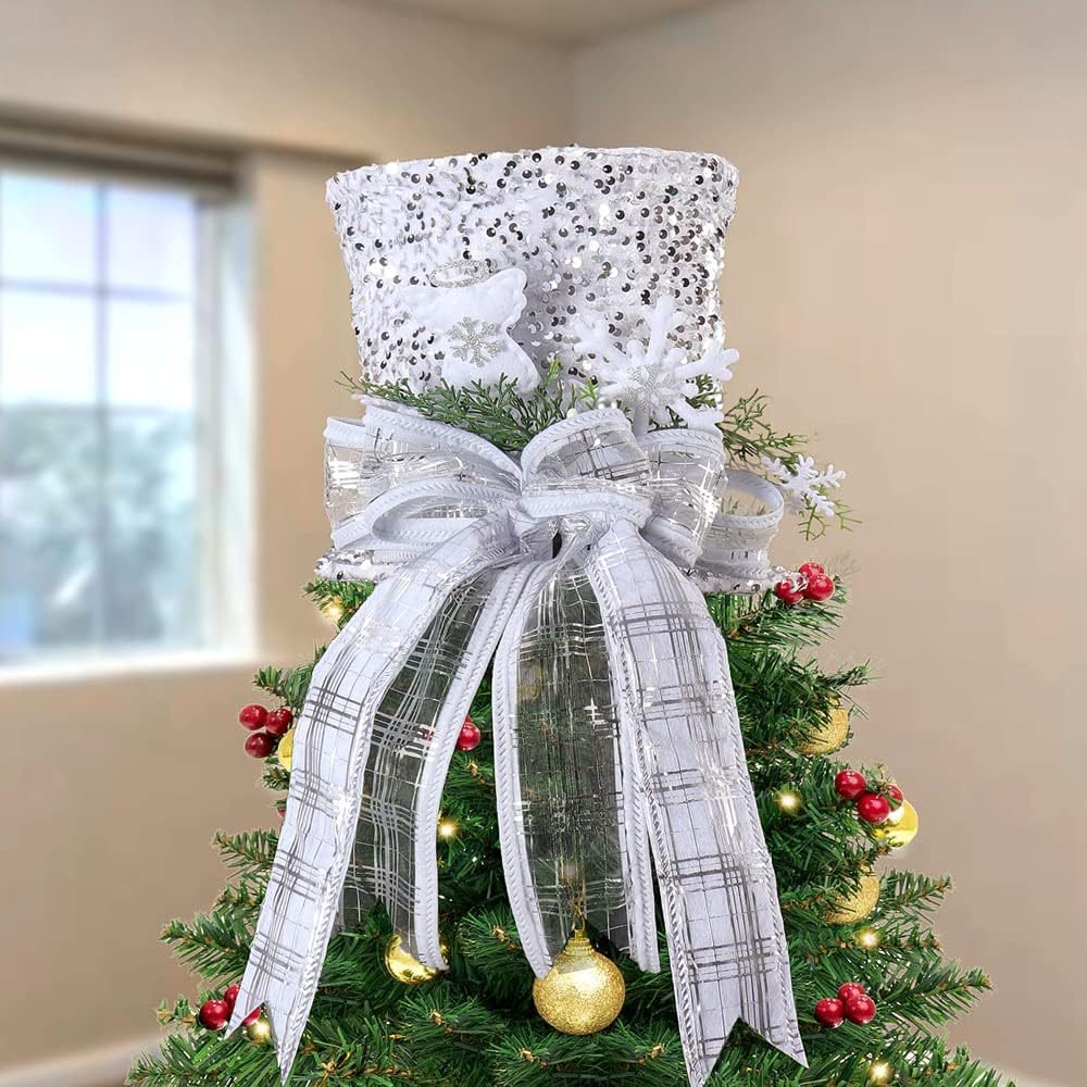 Tree Toppers - XAMSHOR Christmas Tree Topper Sliver Sequin Snowman Top Hat Tree Topper for Christmas Tree Decorations Desktop Ornaments