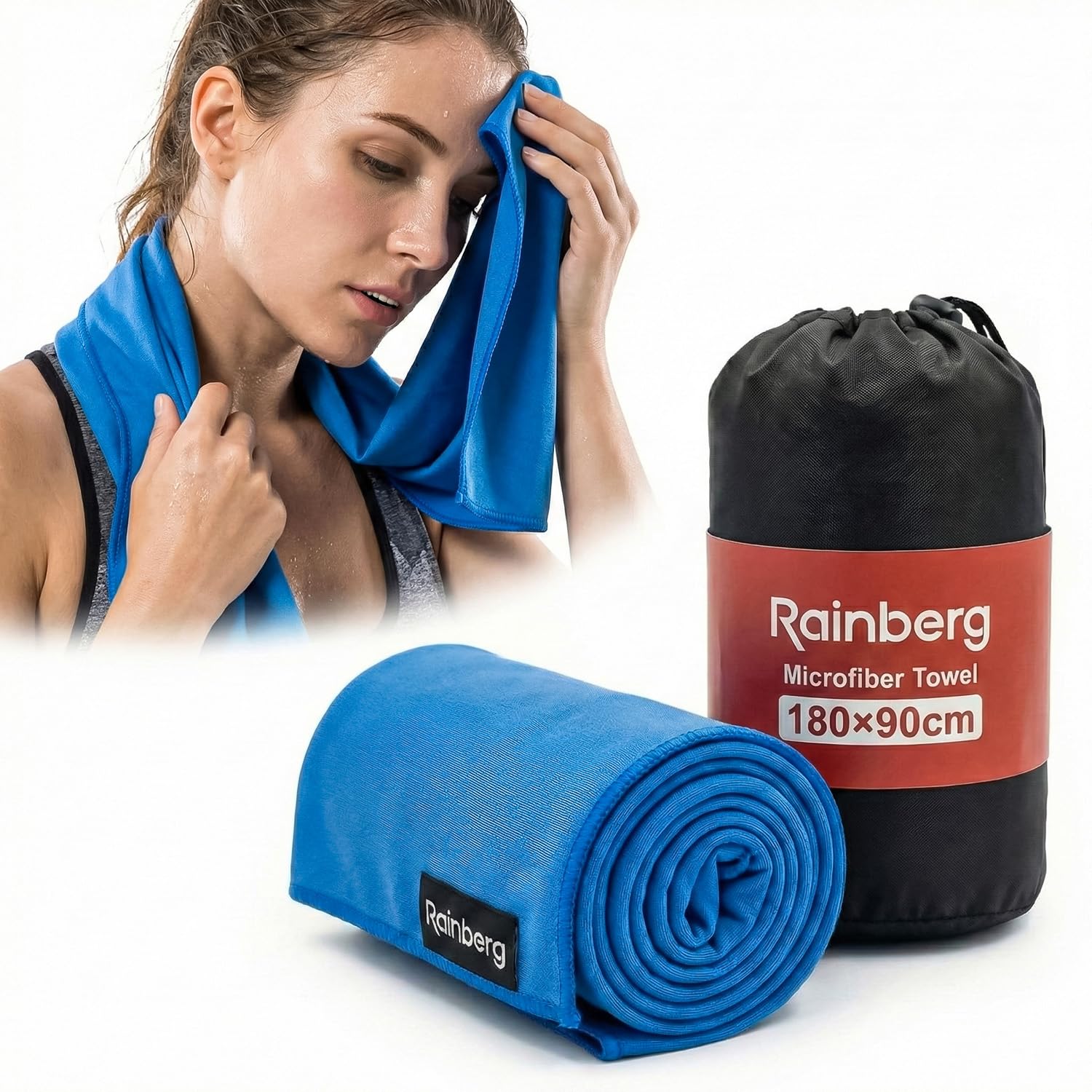 Rainberg Microfiber Towel (180x90cm), Large Gym Towel, Quick Dry Towel – Fast Drying, Super Absorbent, Ultra Compact, Lightweight, Great for Camping, Gym, Beach & Swimming (Blue)