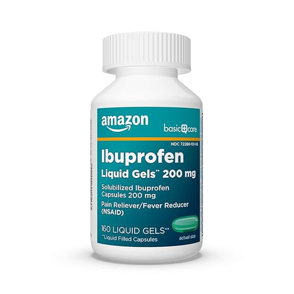 AMAZON BASIC CARE IBUPROFEN LIQUID GELS 200 MG, PAIN RELIEVER/FEVER REDUCER LIQUID FILLED CAPSULES, FOR HEADACHE, TOOTHACHE, BACKACHE, MENSTRUAL CRAMPS AND MORE, 160 COUNT