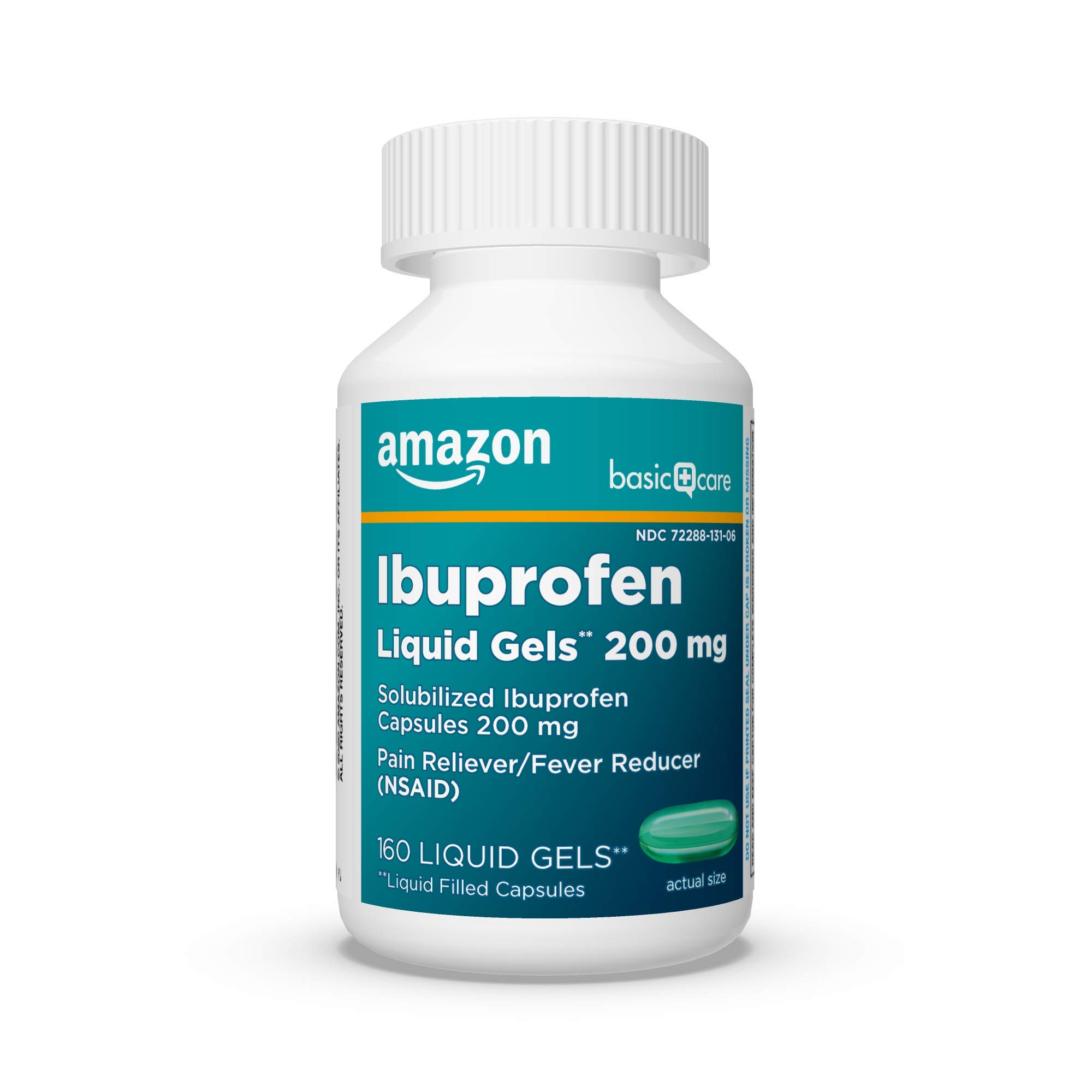 Amazon Basic Care Ibuprofen Liquid Gels 200 mg, Pain Reliever/Fever Reducer Liquid Filled Capsules, For Headache, Toothache, Backache, Menstrual Cramps and More, 160 Count