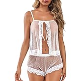 Kolagri Sexy Women Lace Pajamas Lingerie Set High Waist Sheer Sleepwear Bow Ties Cami Shorts Set
