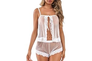 Kolagri Sexy Women Lace Pajamas Lingerie Set High Waist Sheer Sleepwear Bow Ties Cami Shorts Set