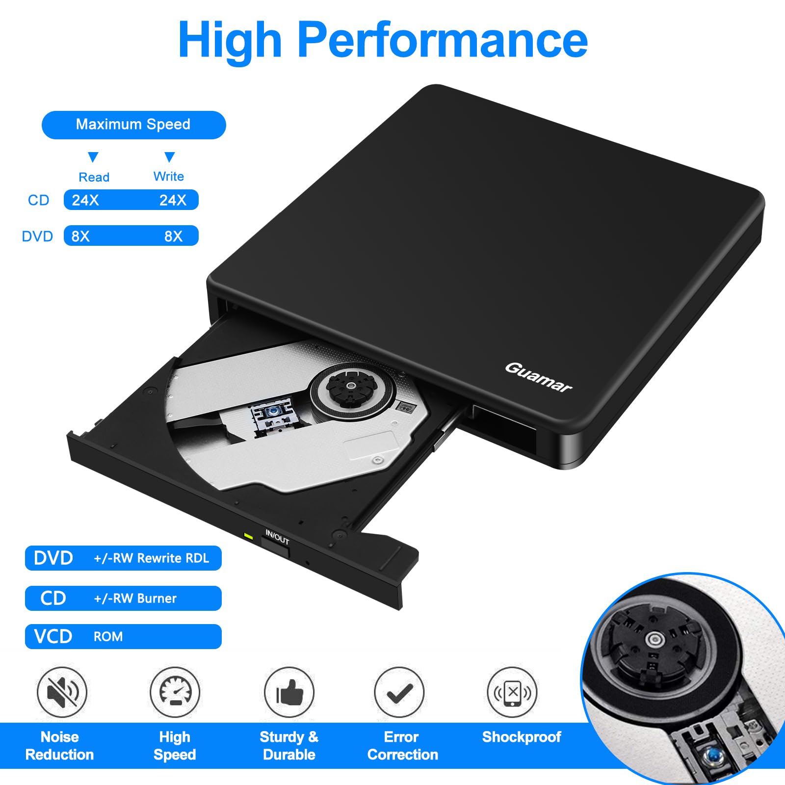 Guamar External DVD Drive USB 3.0 DVD Player for Laptop with 2 USB Ports and 2 TF/SD Card Slots CD Burner for Mac PC Windows Linux(Black)
