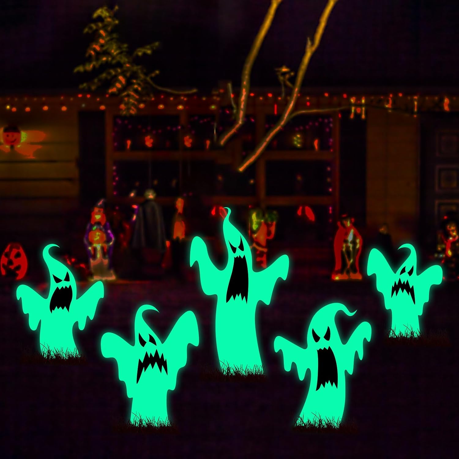 Yard Signs - HIZAL Halloween Yard Signs with Stakes, Glow in Dark Ghost Decorations Outdoor 5ct, Luminous Plastic Sign Scary Party Outside Decor, white