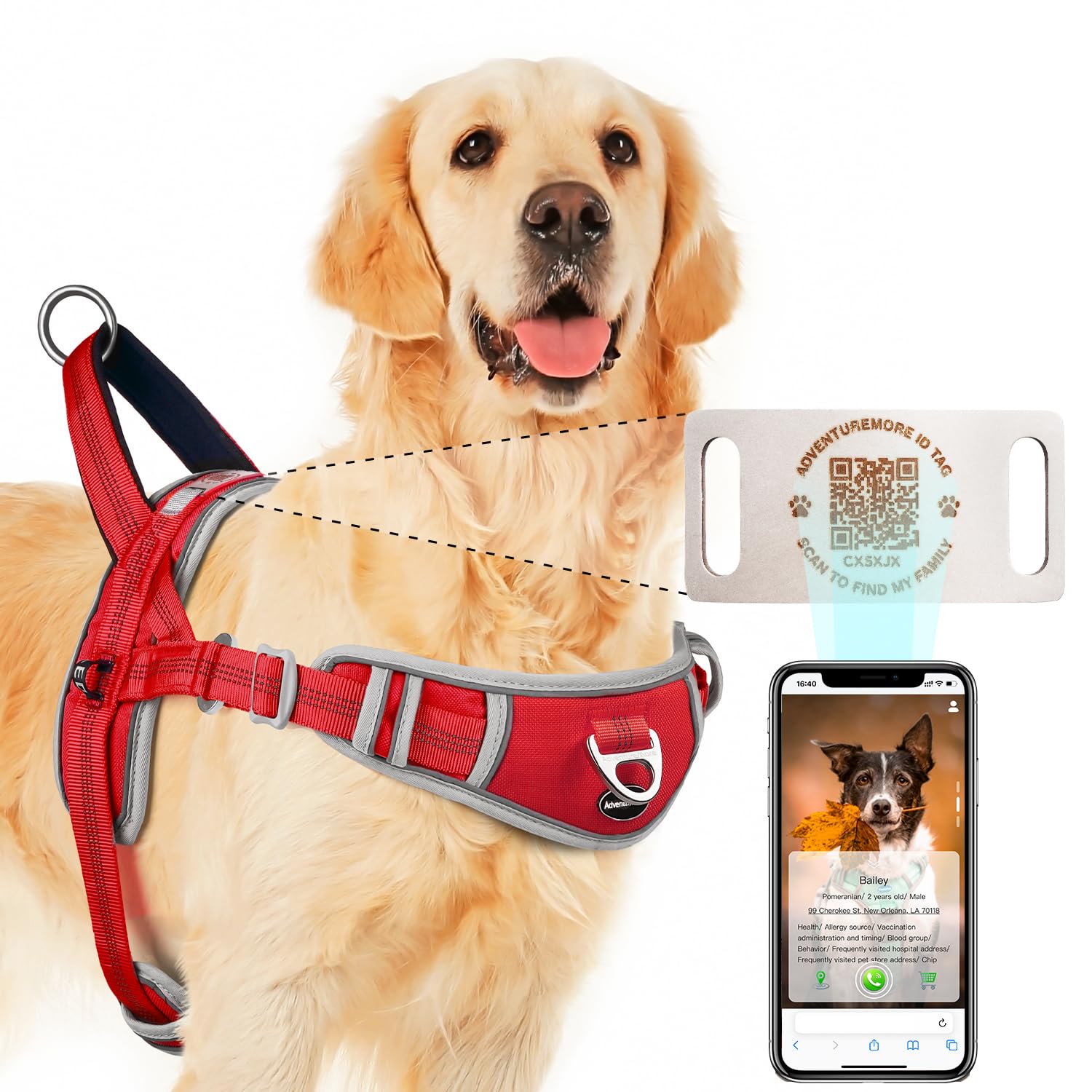 Photo 1 of MEDIUM-ADVENTUREMORE Small Dog No Pull Harness with QR Code Tag, Reflective Vest, Front Clip Handle for Training & Walking - Rose Red