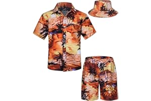 TUNEVUSE Little & Big Boys Hawaiian Button Down Shirts and Short Sets with Bucket Hat Summer Outfits Printed Kids Cabana Set