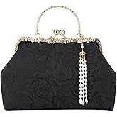DODAMOUR Vintage 1920s Evening Bag for Women, Floral Jacquard Kiss Lock Purse, Retro Gold Clutch Handbag with Pearl Tassel
