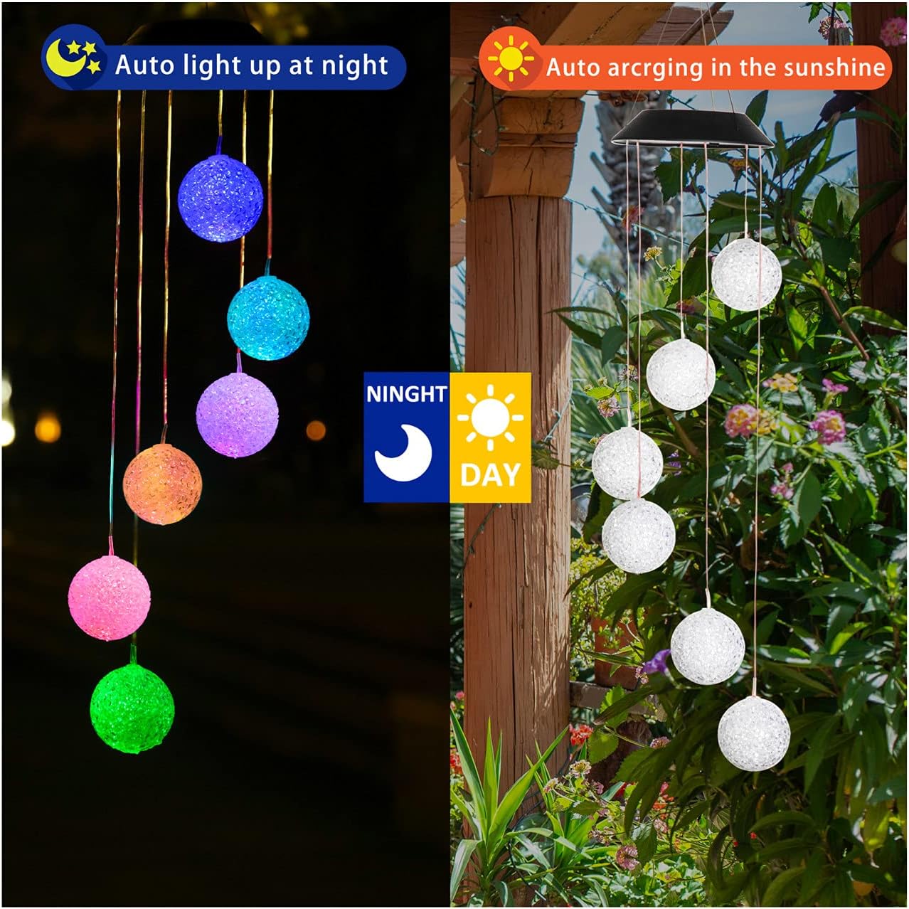 SODELIC Solar Wind Chime Light, Led Color Changing Crystal Ball Wind Chime with Bell, Waterproof Hanging Solar Lamp for Home Patio Yard, Decorative Windbell Light for Outdoor Indoor with Hook