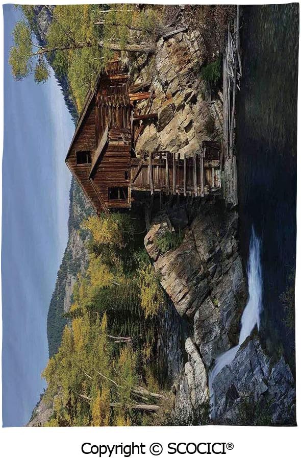 SCOCICI Spring and Easter Dinner Tablecloth,Landscape,Secluded Wooden Cabin in Woods River Waterfall Forest Mill Mountain Pine Trees,Multicolor