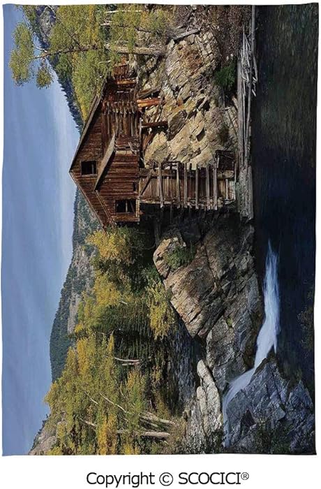 SCOCICI Spring and Easter Dinner Tablecloth,Landscape,Secluded Wooden Cabin in Woods River Waterfall Forest Mill Mountain Pine Trees,Multicolor