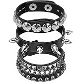 Telooco 3 Pcs Punk Rock Studded Bracelets, Leather Spike Bracelet, 80s Goth Wristband Adjustable Wrap Wrist Cuffs Emo Accessories for Men Women Halloween Party