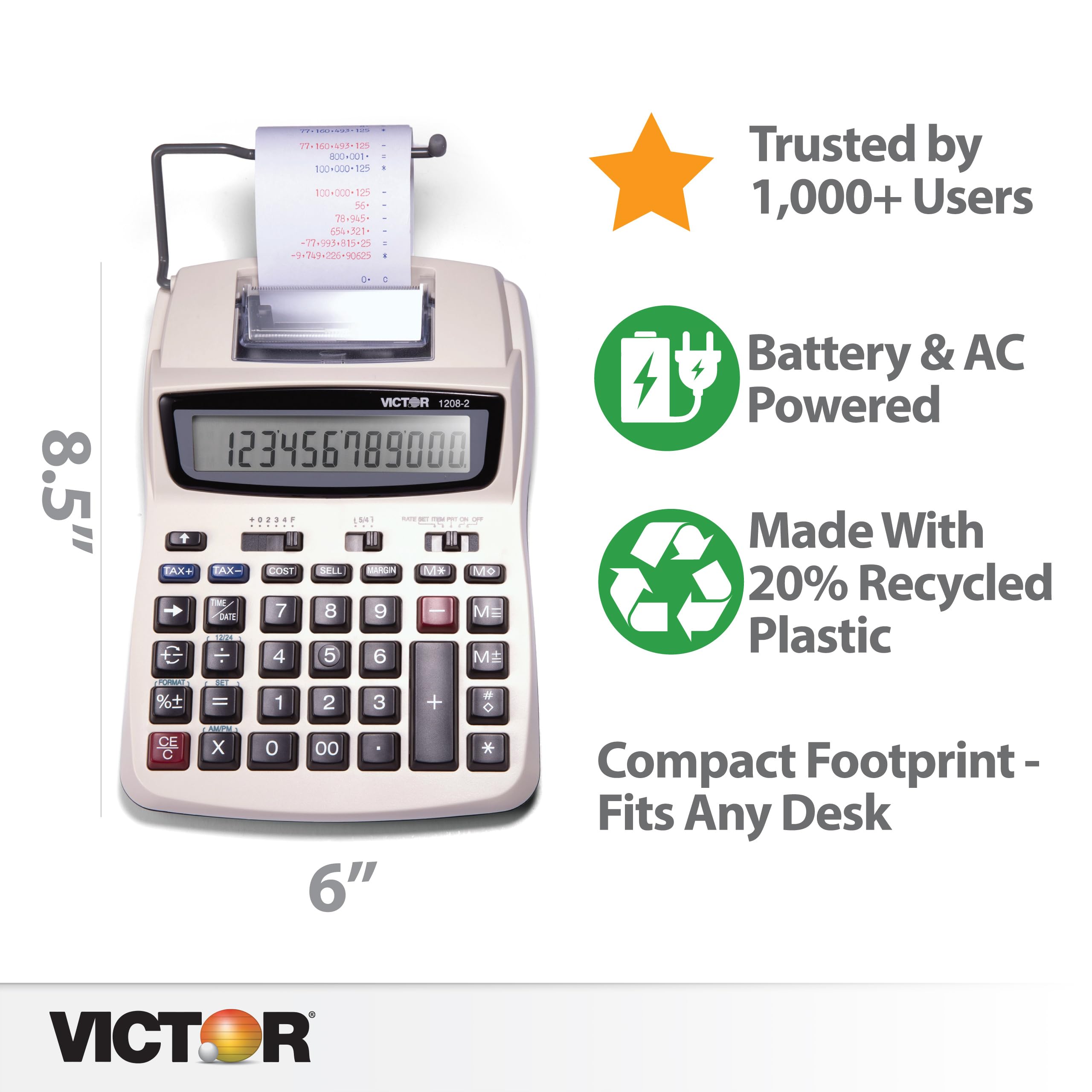 Victor Printing Calculator, 1208-2 Compact and Reliable Adding Machine with 12 Digit LCD Display, Battery or AC Powered, Includes Adapter,White