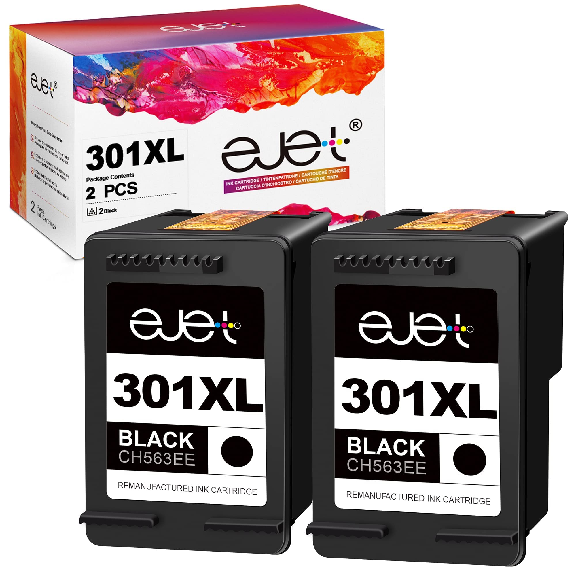 ejet 301XL Ink Cartridges Remanufactured for HP 301 XL Black Ink Cartridges for Envy 4500 4502 4507 5530 DeskJet 2540 OfficeJet 2620 2622 4630 Printers (2-Black)