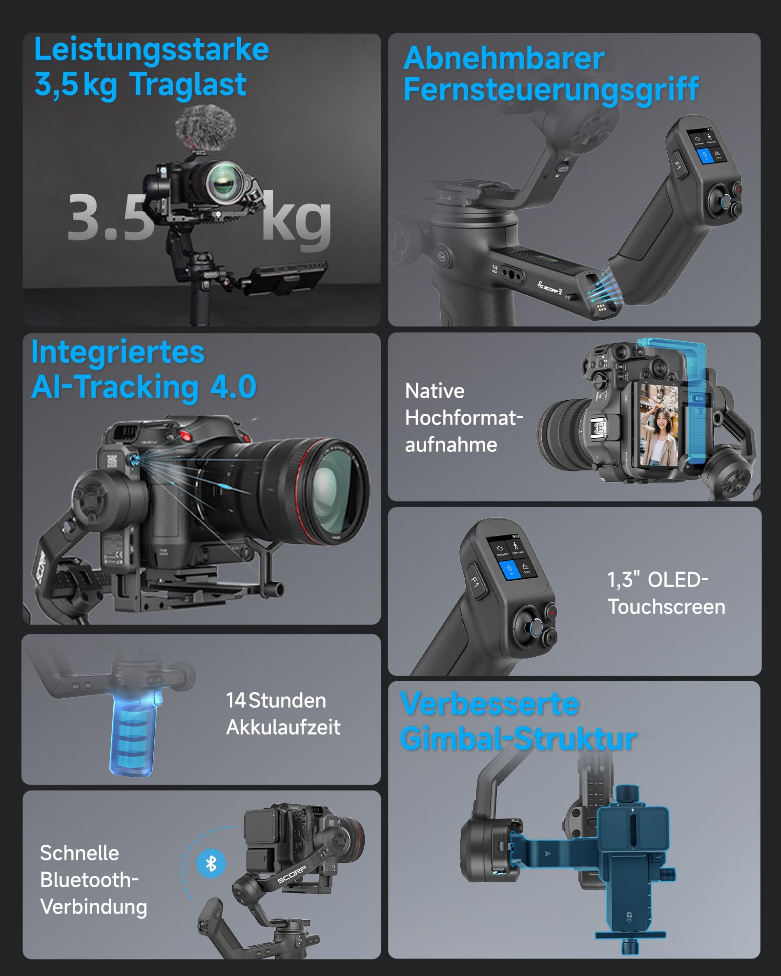 [Offiziell] FeiyuTech SCORP 3 DSLR Gimbal – 3,5 kg Traglast, 3-Achsen Kamera Stabilisator mit AI-Tracking, vertikale Aufnahme, 14 h Laufzeit, Remote-Griff, für Sony/Canon/Nikon 2