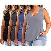 Ficerd 4 Pack Women's Plus Size Tank Tops, Casual V Neck Sleeveless Shirts Ladies Flowy Dressy Tunics Work Tees