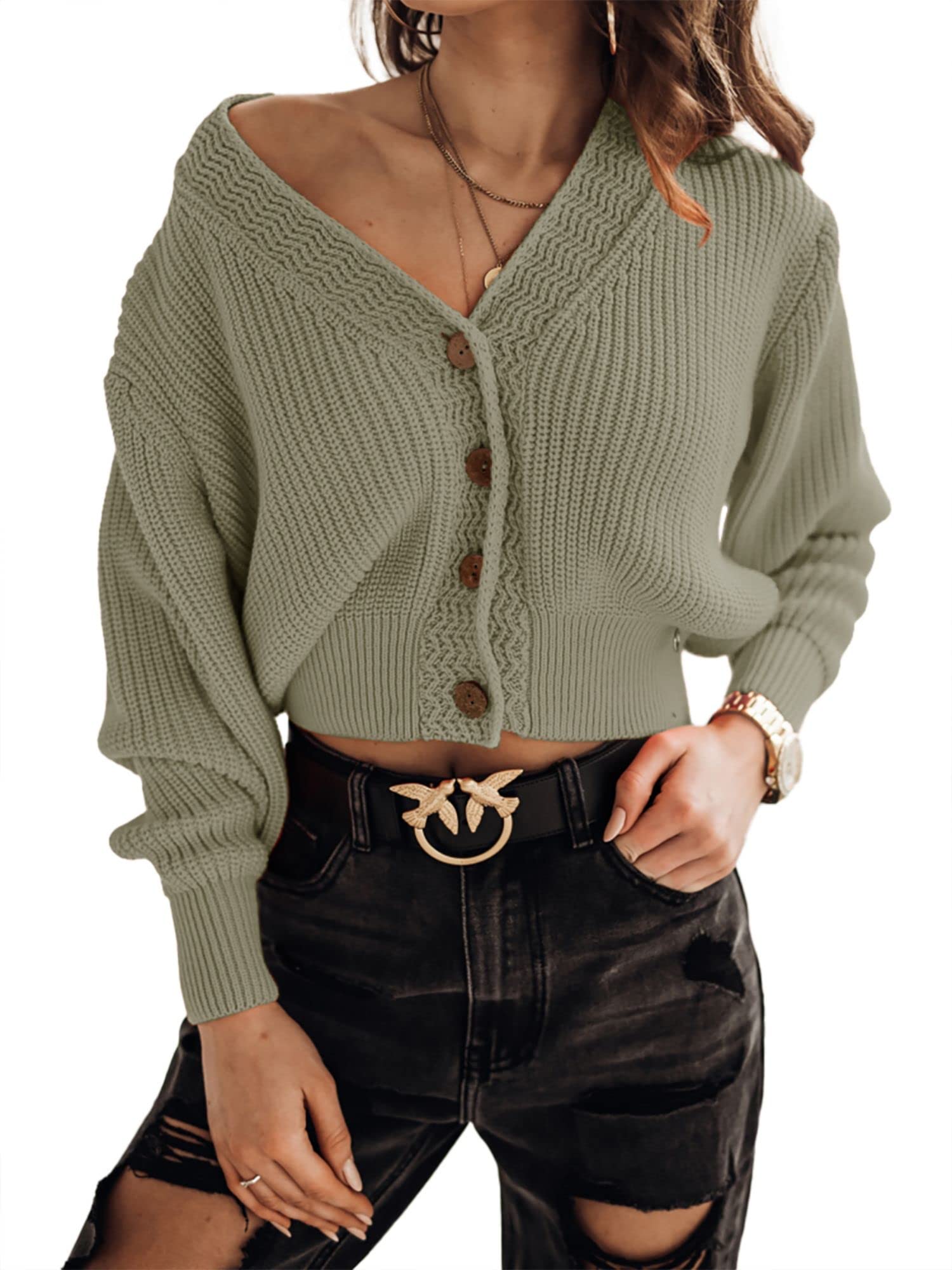 Photo 1 of Febriajuce Women's Long Sleeve V-Neck Button Down Rib Knit Cropped Cardigan Sweater Army Green