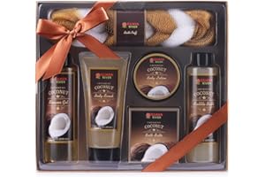 Guava River Caribbean Coconut Bath and Body Gift Set for Women. Home Spa set includes shower gel, bubble bath, body scrub, body lotion, bath salt and Loofa
