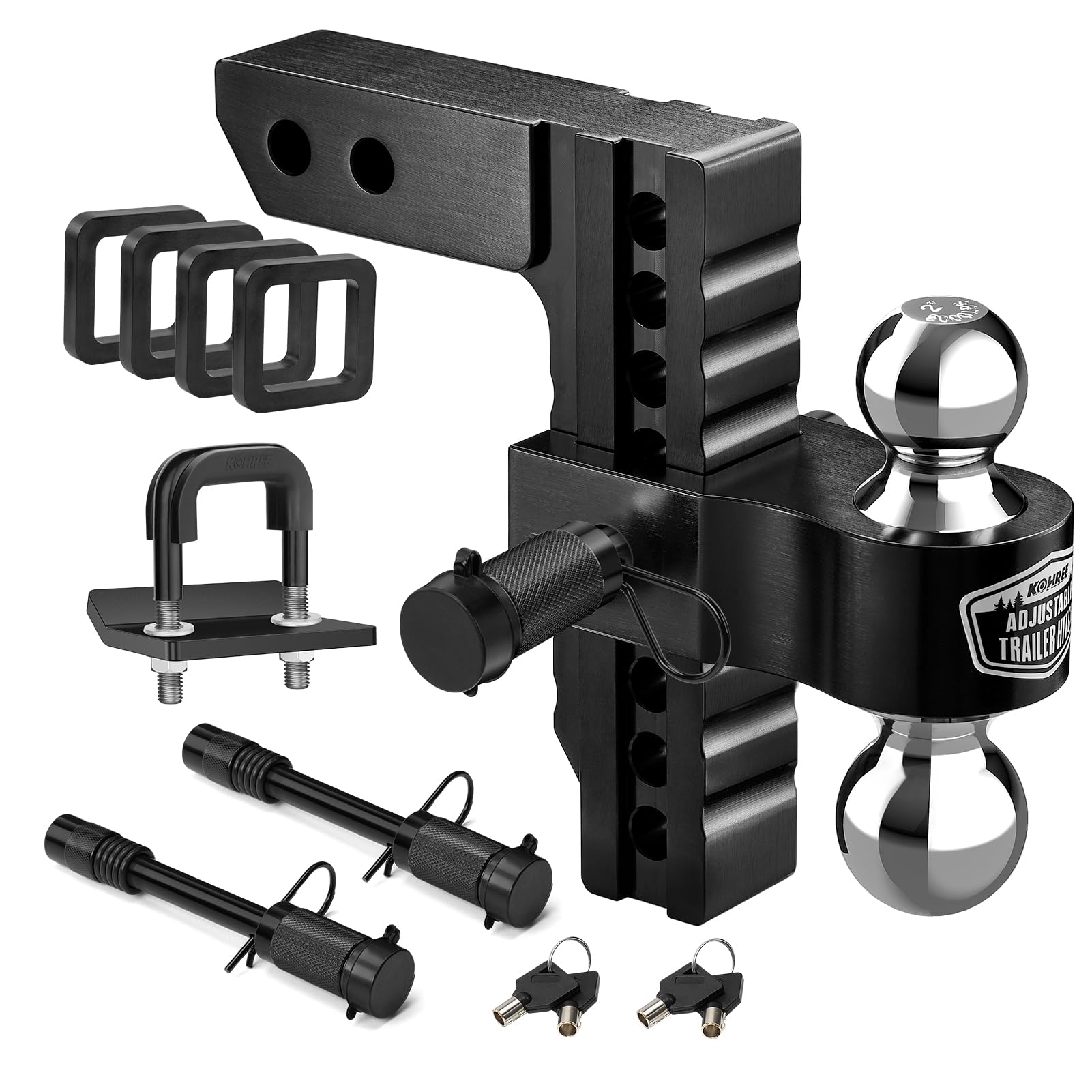 Photo 1 of Kohree Adjustable Trailer Hitch Fit 2 Inch Receiver, Dual Solid Ball 2" and 2-5/16"(12,500 LBS GTW), 8" Drop & Rise Heavy Duty Aluminum Tow Hitch with 4 Silencer Pads & 2 Locking Hitch Pin, Black