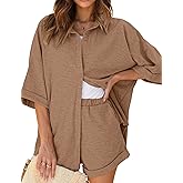 Ekouaer Waffle Knit Lounge Sets for Women Short Sleeve Pajamas Button Down Pjs Oversized Loungewear Shorts Set