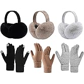 kuchisity 6 Pcs Women's Winter Ear Muffs Gloves Sets Knit Touch Screen Gloves Foldable Earmuffs