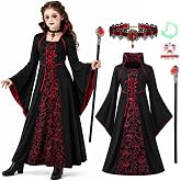 5Pcs Vampire Costume Vampiress Dress Cosplay Outfit for Girls 3-12 Years | Gothic Royal Costume with Dress, Wand, Vampire Fangs, Necklace, Stickers, Bell-Sleeve Design for Halloween, Christmas Party