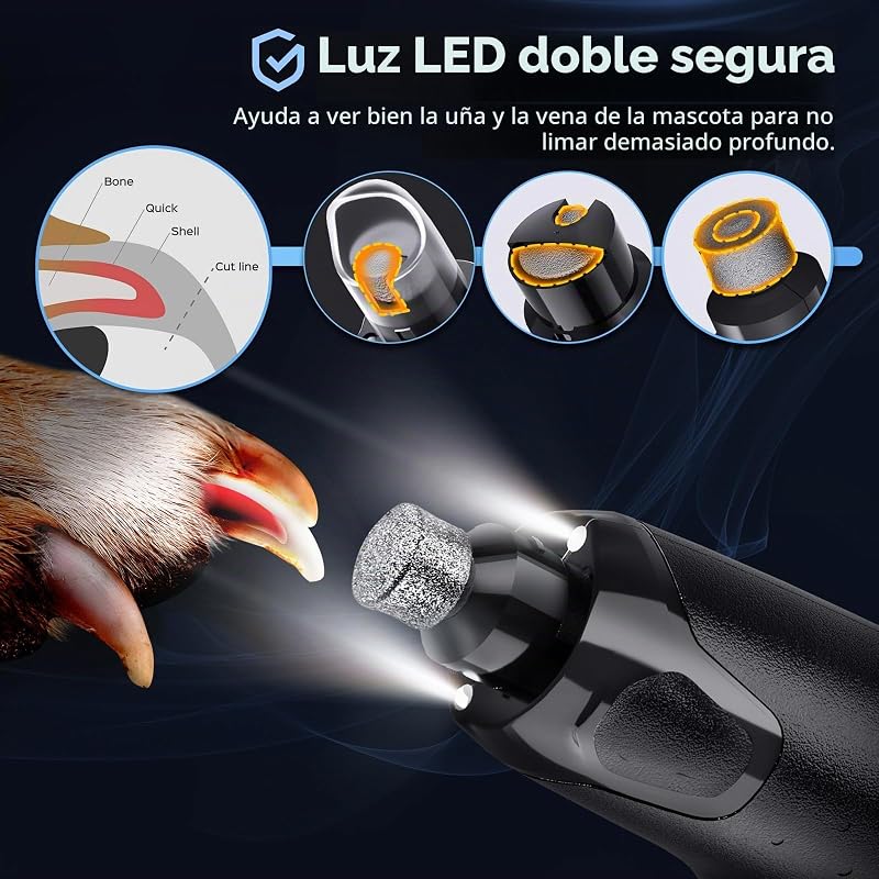 Lima de unhas elétrica para cães, cortador de unhas elétrico ajustável de 6 velocidades, corta-unhas elétrico para cães com luz LED, lima de unhas recarregável de 3 portas para cães laranja
