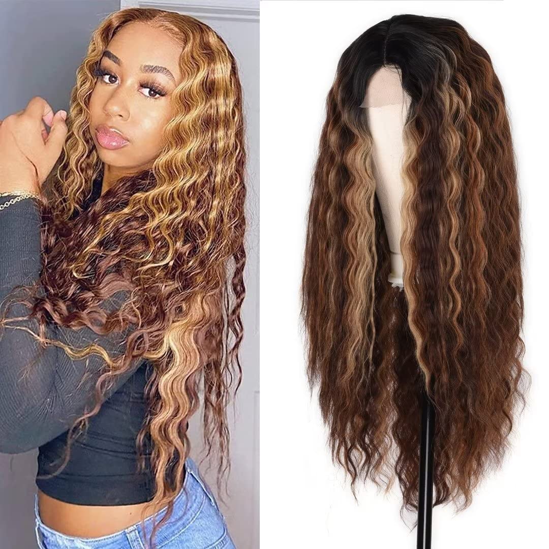 Photo 1 of FEEL ME 28" Deep Wave Frontal Wig Long Synthetic Curly Wig Ombre Highlight Lace Front Wig for Women with Simulated Scalp Honey Blonde Loose Deep Curly Lace Wigs Middle Part for Daily Use R6/6A/27S