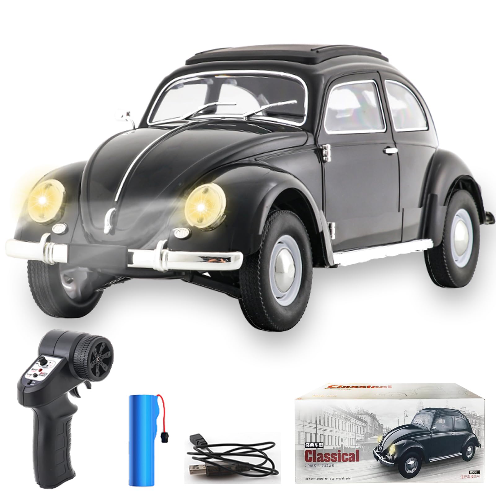 Photo 1 of Kodbiby Remote Control Car, 1:16 Scale Classic Beetle 1950 Model Toys Car for Teens, 2.4GHz 4CH RC Car Rear Wheel Drive with LED Ligjhts and Rechargeable Battery, Birthday for Teens Adults