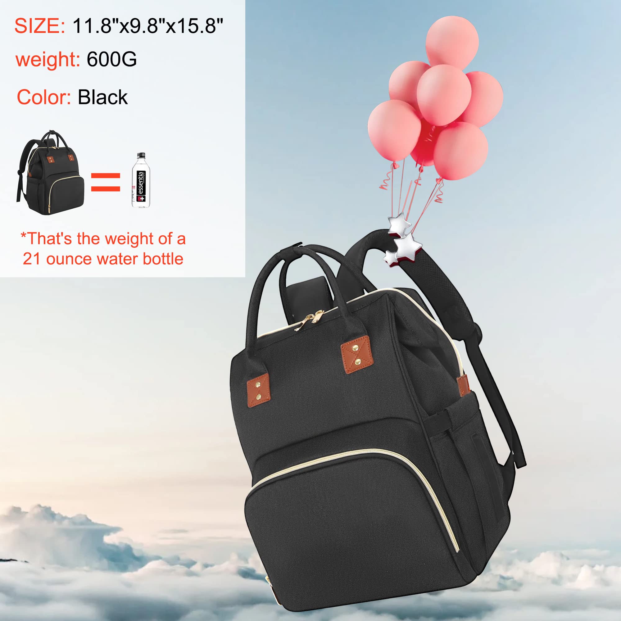 Diaper Bag Backpack Multi-Function Baby Bag With Large Capacity and Insulated Pockets Diaper Backpack Organizer Bag for Mom/Dad, Black