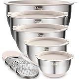 Mixing Bowls Set of 5, Wildone Stainless Steel Nesting Bowls with Khaki Lids, 3 Grater Attachments, Measurement Marks & Non-S