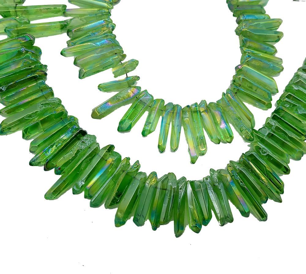 MOSOAO Green Crystal Points Titanium Coated Lemurian Seed Quartz Rough Sticks Spikes Point Beads 4.5oz Lot Average 30-40Pcs (Green)