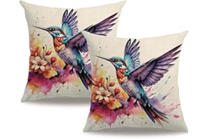 7COLORROOM Watercolor Animals Throw Pillow Covers 18x18 Inch Painting Birds Print Cushion Case Farmhouse Spring Summer Decoration 2Pack Square Pillowcase for Patio Couch Sofa (Purpule)
