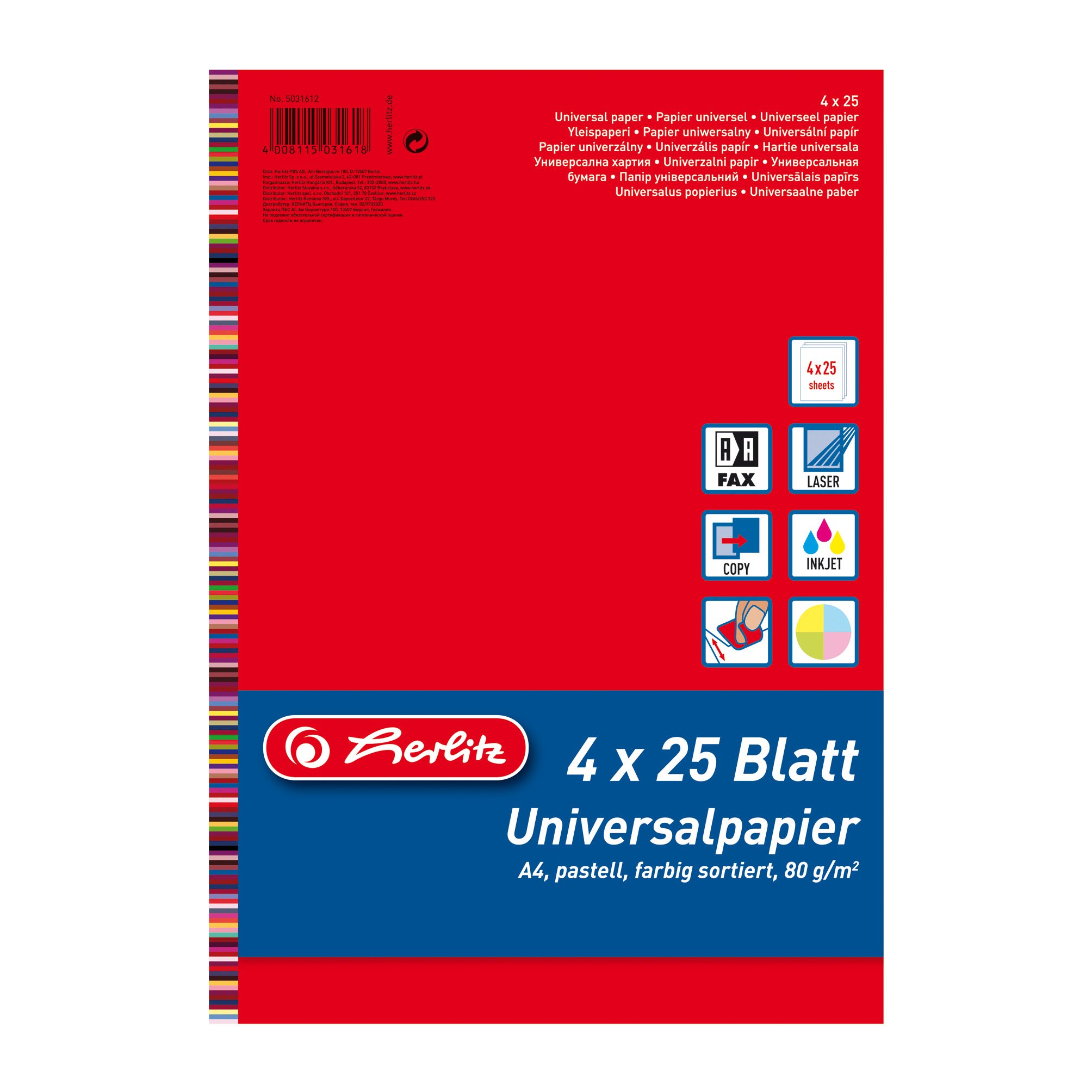 Herlitz A4 80GSM 100 Sheet Pastel Colour Mix Universal Paper