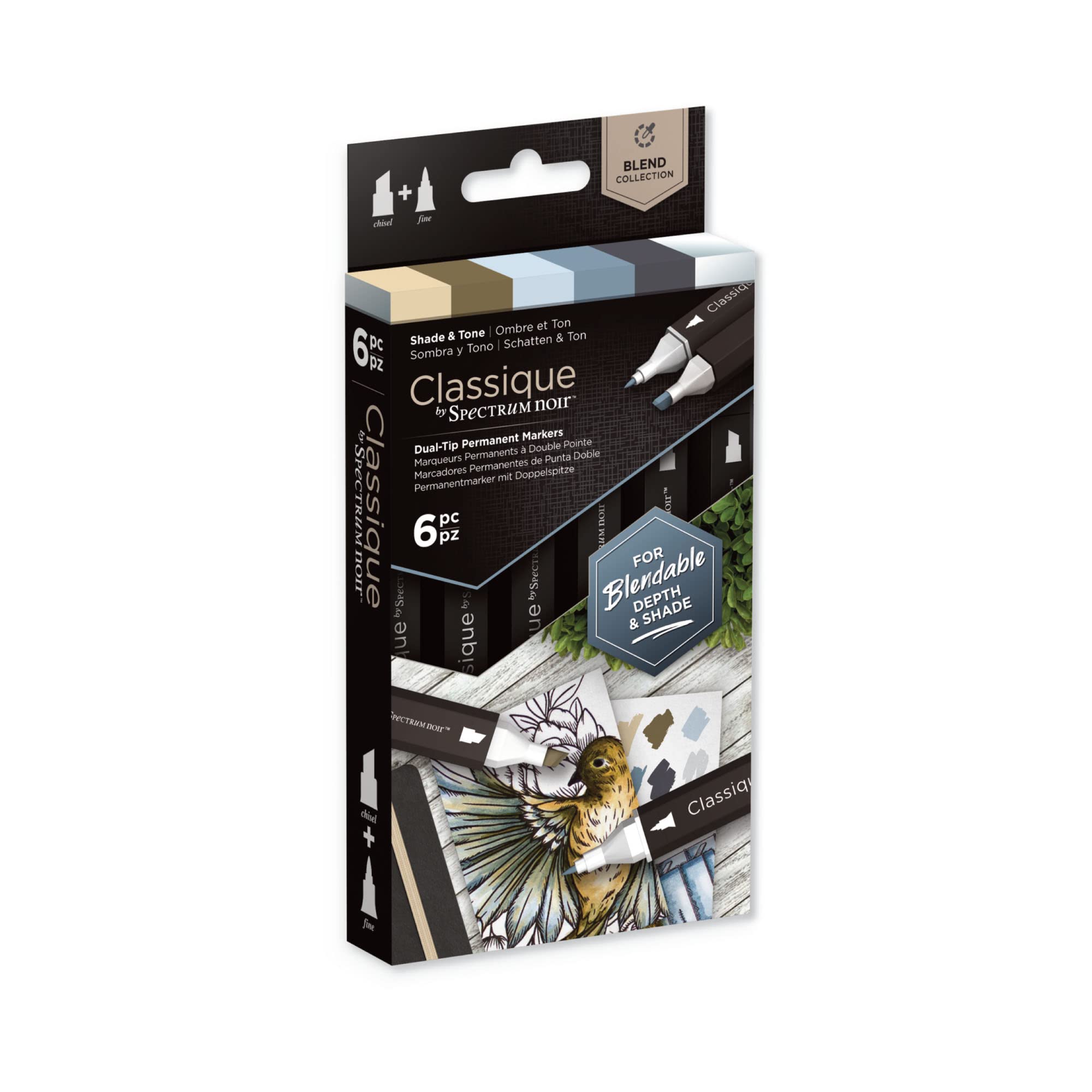 Crafter's Companion Spectrum Noir Classique Blend Twin Tip Blendable Alcohol Based Marker Set with Japanese Nibs - Pack of 6 - Perfect for Colouring, Drawing & Illustration (Shade & Tone Pack)