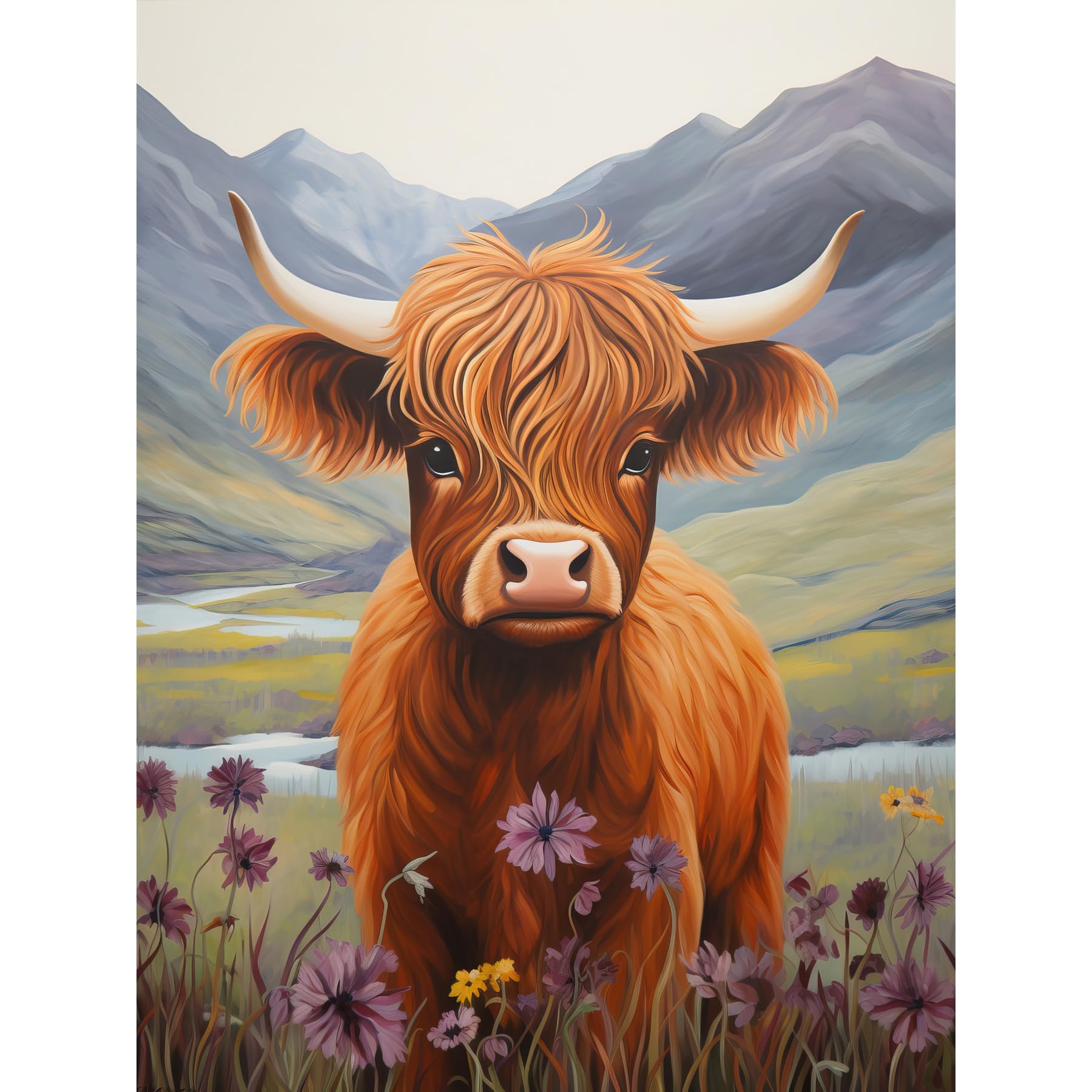 Artery8 Kids Bedroom Nursery Artwork Highland Calf Cow in Heather and Cornflower Glen Scotland Extra Large XL Wall Art Poster Print