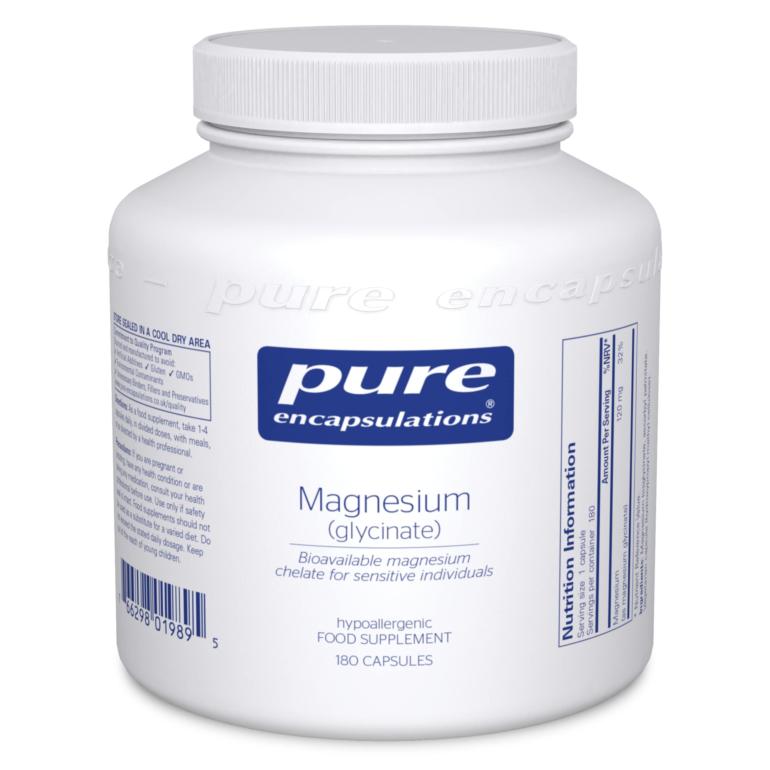 Pure Encapsulations Magnesium Glycinate 120mg - Bioavailable Magnesium Chelate Tiredness and Fatigue Supplement - 180 Capsules